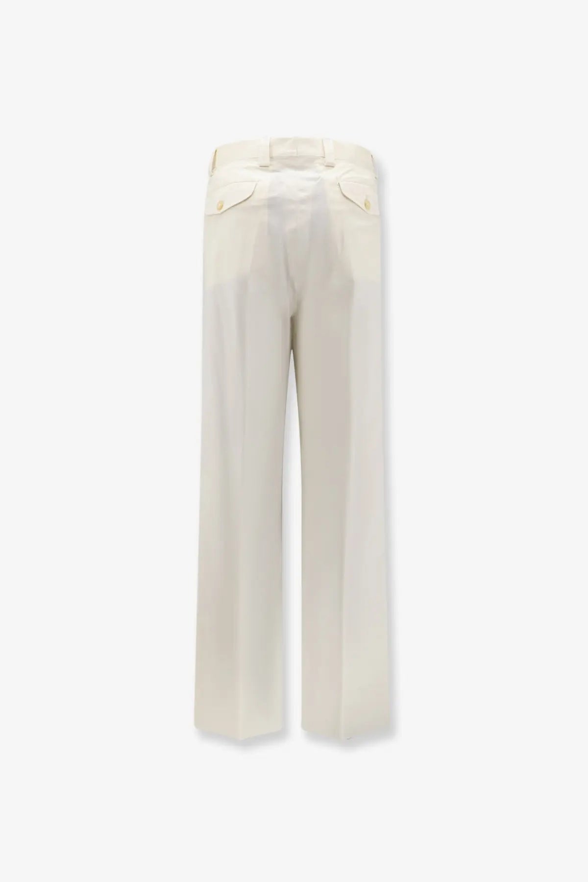 Cream-colored wide-leg laneus men’s stretch cotton trousers with tailored fit and buttoned back pockets shown from the back