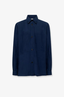 Laneus men’s navy blue long-sleeved shirt with classic collar two front pockets made of viscose and linen