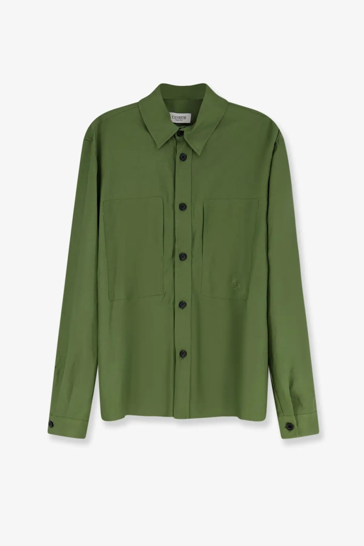 Laneus men’s olive green long-sleeved viscose and linen shirt with black buttons and two front pockets