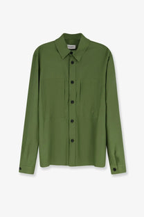 Laneus men’s olive green long-sleeved viscose and linen shirt with black buttons and two front pockets