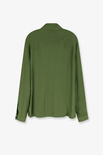 Laneus men’s olive green satin blouse with classic collar long sleeves made from viscose and linen blend