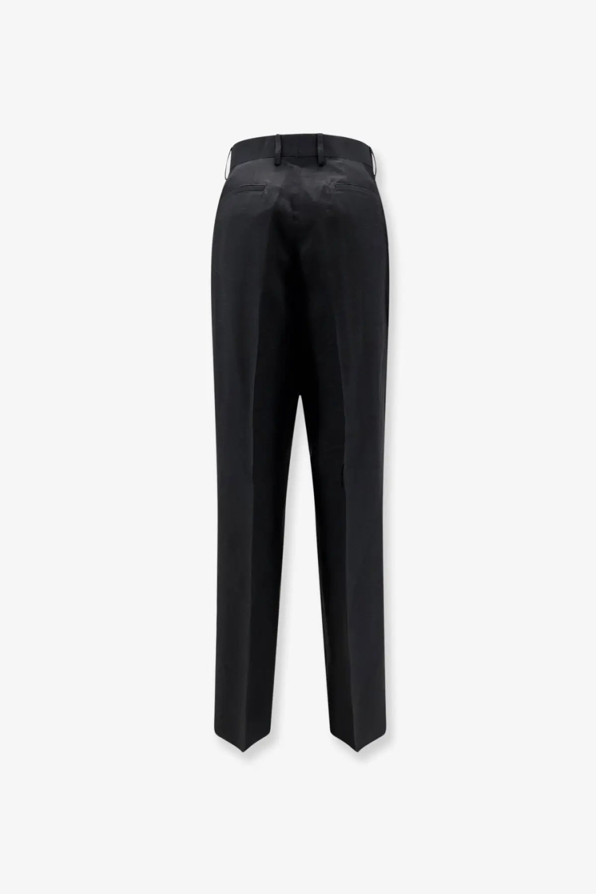 Black laneus men’s viscose and linen trousers showing the back with subtle pleats and a sleek straight-leg cut