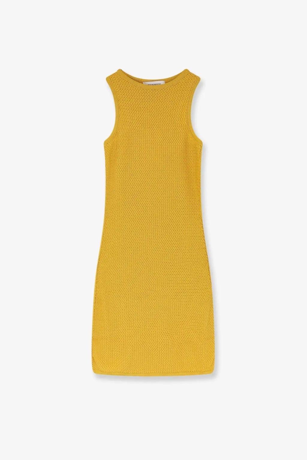 Laneus women’s sleeveless cotton dress in mustard yellow with a textured woven pattern and round neckline