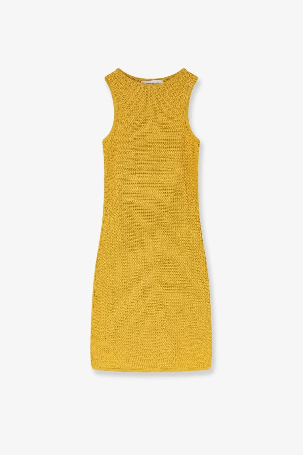 Laneus women’s sleeveless cotton dress in mustard yellow with a textured woven pattern and round neckline