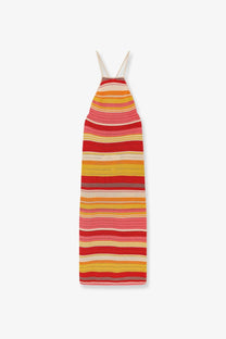 Laneus women’s multicolor cotton dress featuring a vibrant hand-knitted maxi design with red orange pink and cream stripes