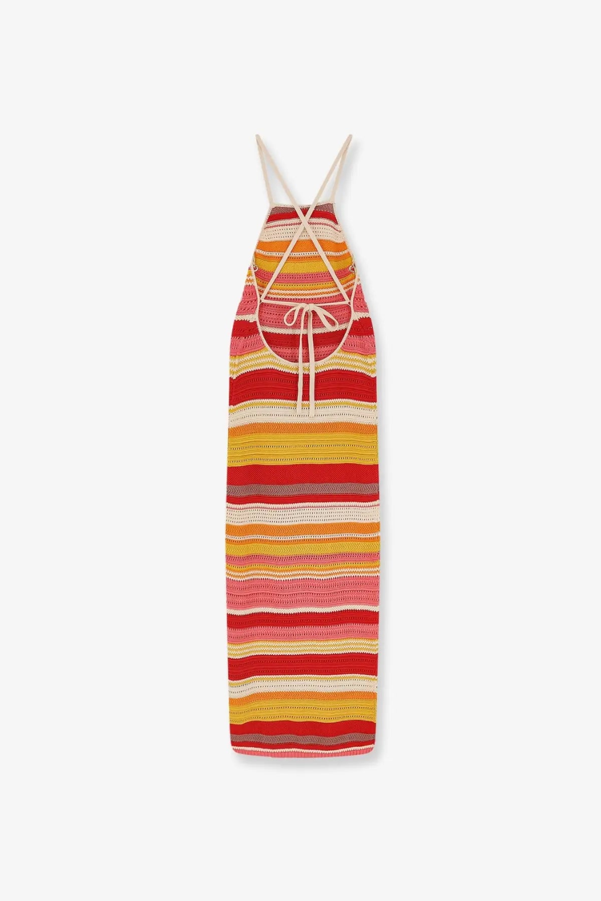 Laneus women’s multicolor cotton dress featuring a vibrant knitted maxi design with red orange and cream stripes