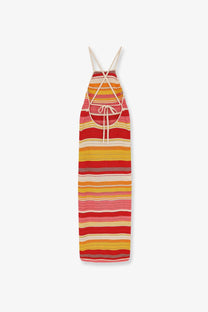 Laneus women’s multicolor cotton dress featuring a vibrant knitted maxi design with red orange and cream stripes