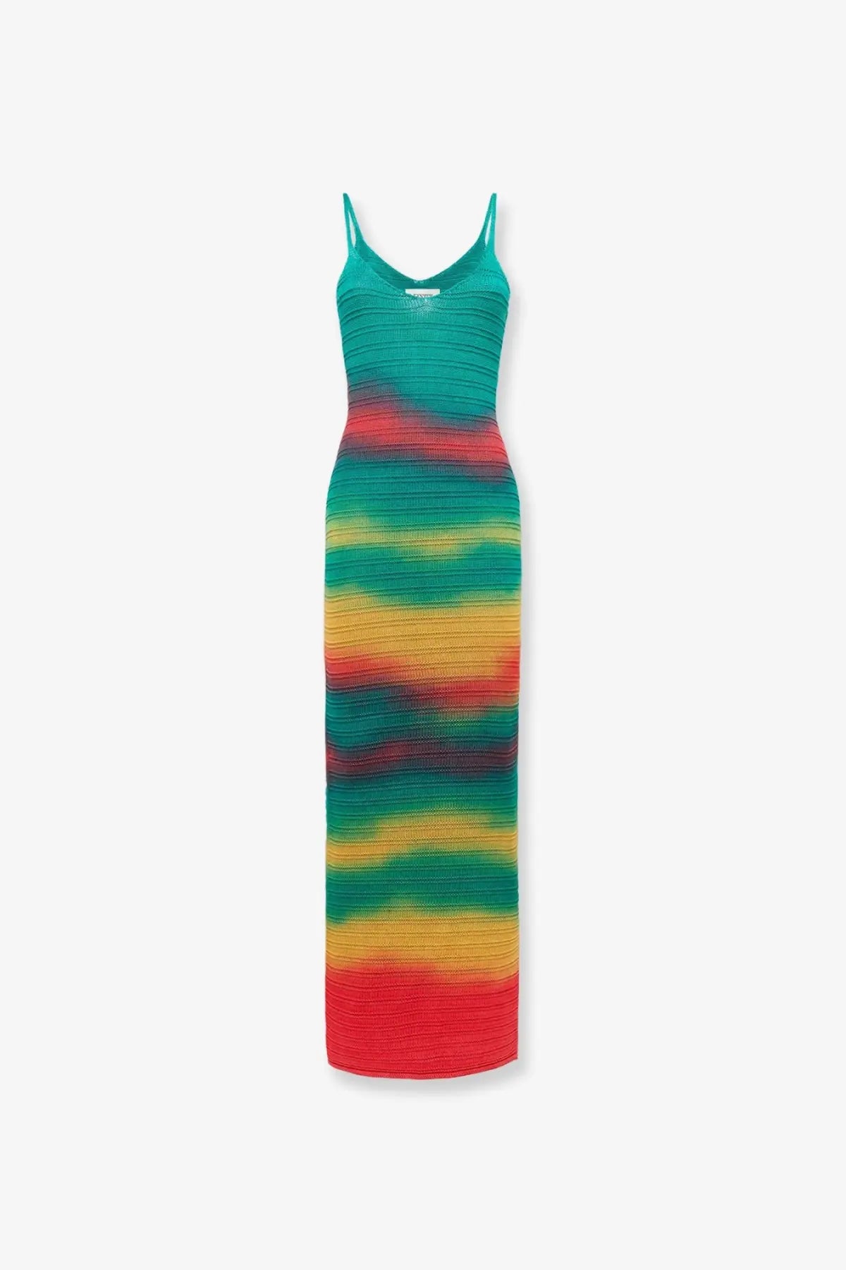 Laneus women’s multicolor cotton ribbed knit maxi dress with teal red and yellow gradient stripes