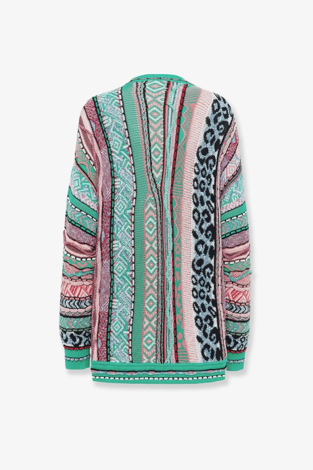 Laneus women’s multicolor jacquard cotton cardigan with bold vertical stripes and geometric leopard print patterns