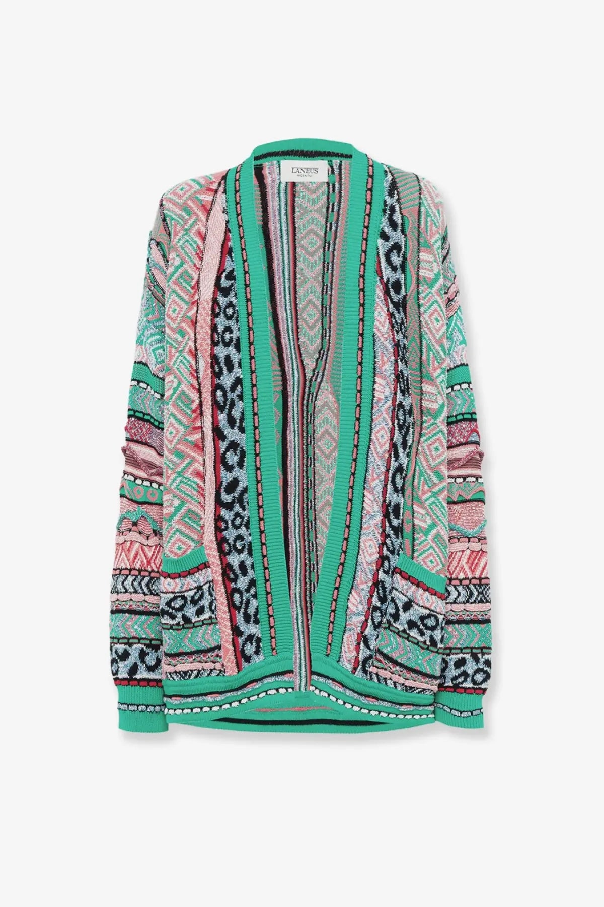 Laneus women’s multicolor jacquard cotton open-front cardigan with bold teal pink black and white geometric leopard print