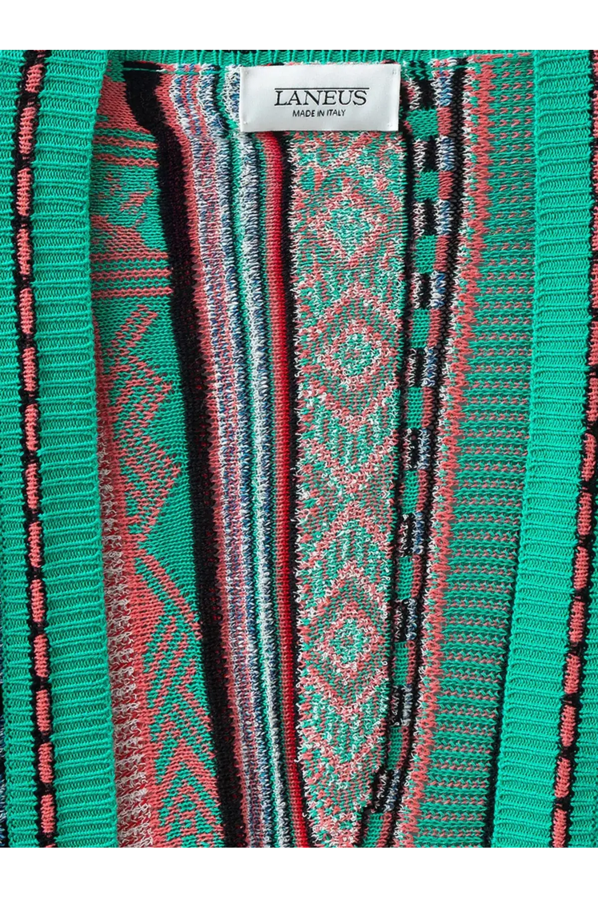 Laneus women’s multicolor jacquard cotton cardigan in green with vibrant geometric knit pattern in red and black