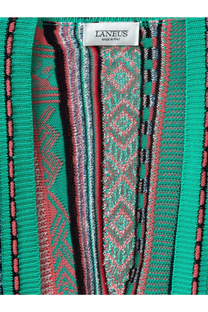 Laneus women’s multicolor jacquard cotton cardigan in green with vibrant geometric knit pattern in red and black