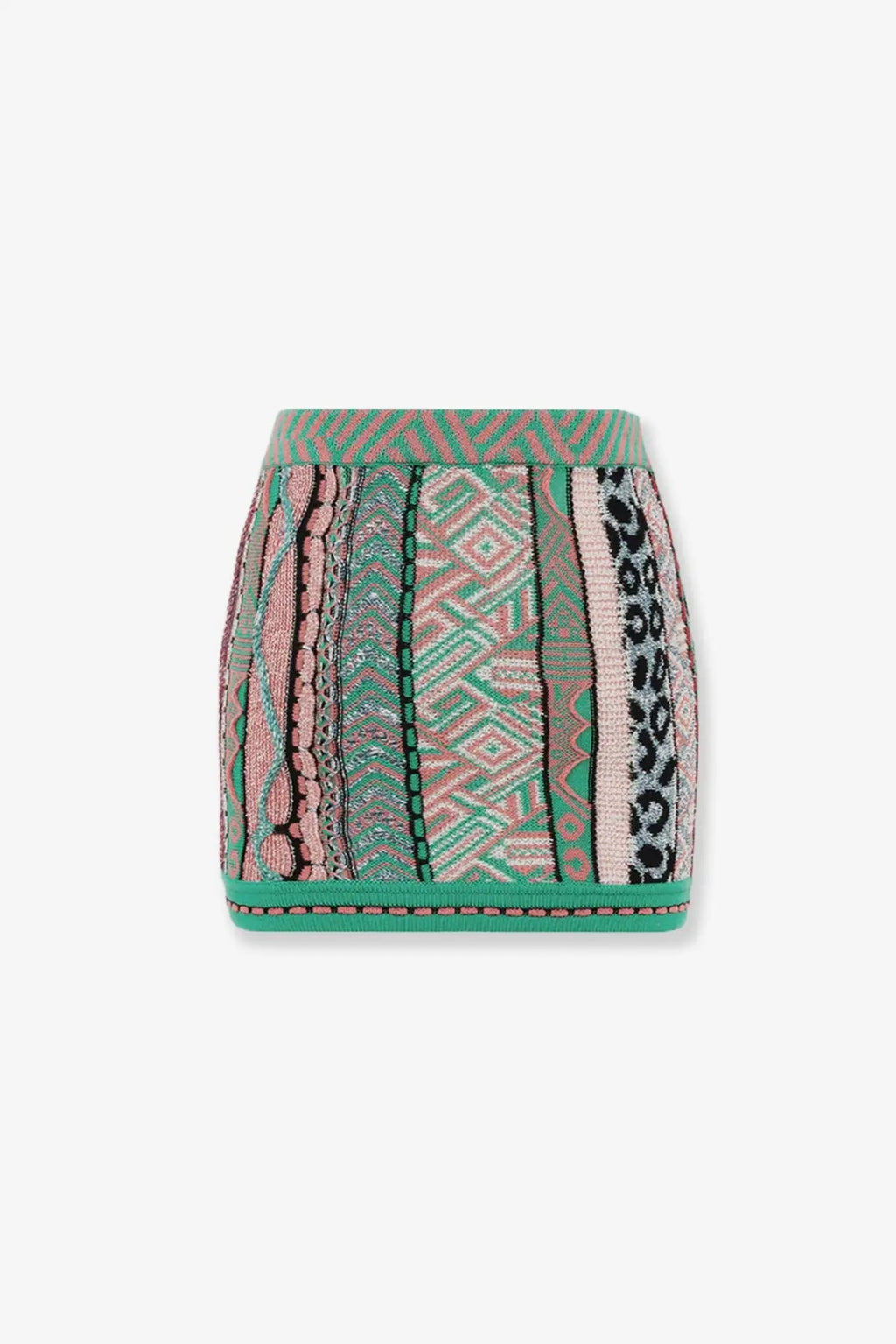 Laneus women’s multicolored cotton mini skirt with green geometric and animal print vertical stripes and teal waistband and hem