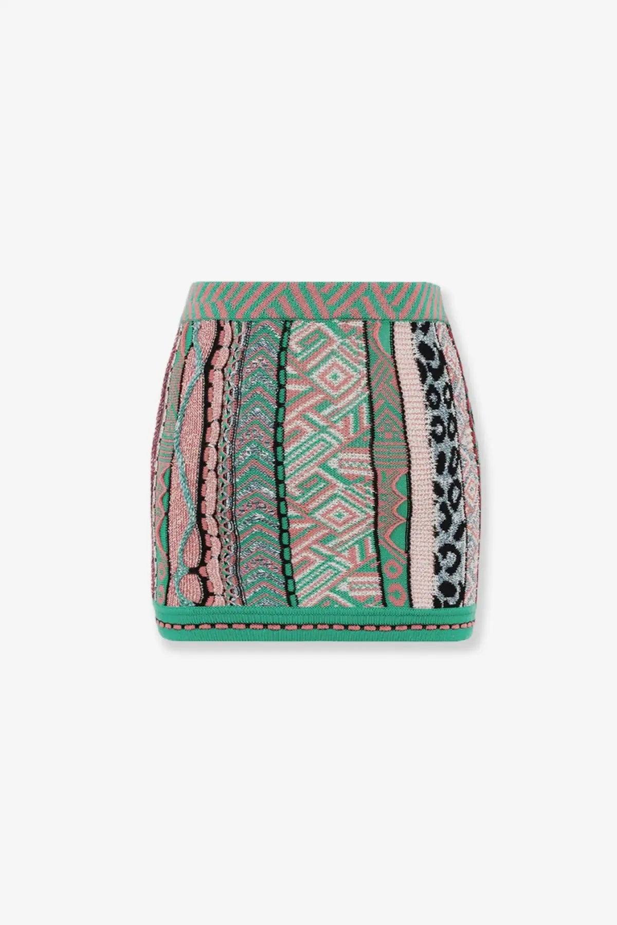 Laneus women’s multicolored cotton mini skirt with green geometric and animal print vertical stripes and teal waistband and hem