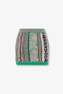 Laneus women’s multicolored cotton mini skirt with green geometric and animal print vertical stripes and teal waistband and hem