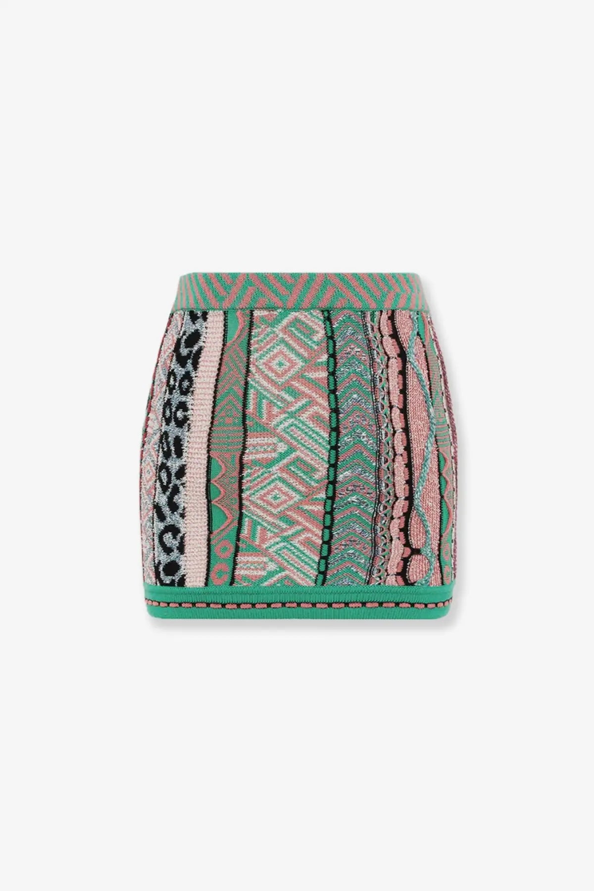Laneus women’s multicolored cotton mini skirt with vibrant vertical stripes and geometric leopard motifs in green tones