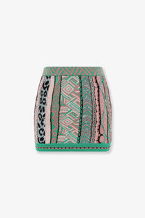 Laneus women’s multicolored cotton mini skirt with vertical geometric and leopard stripes in pink green black and beige
