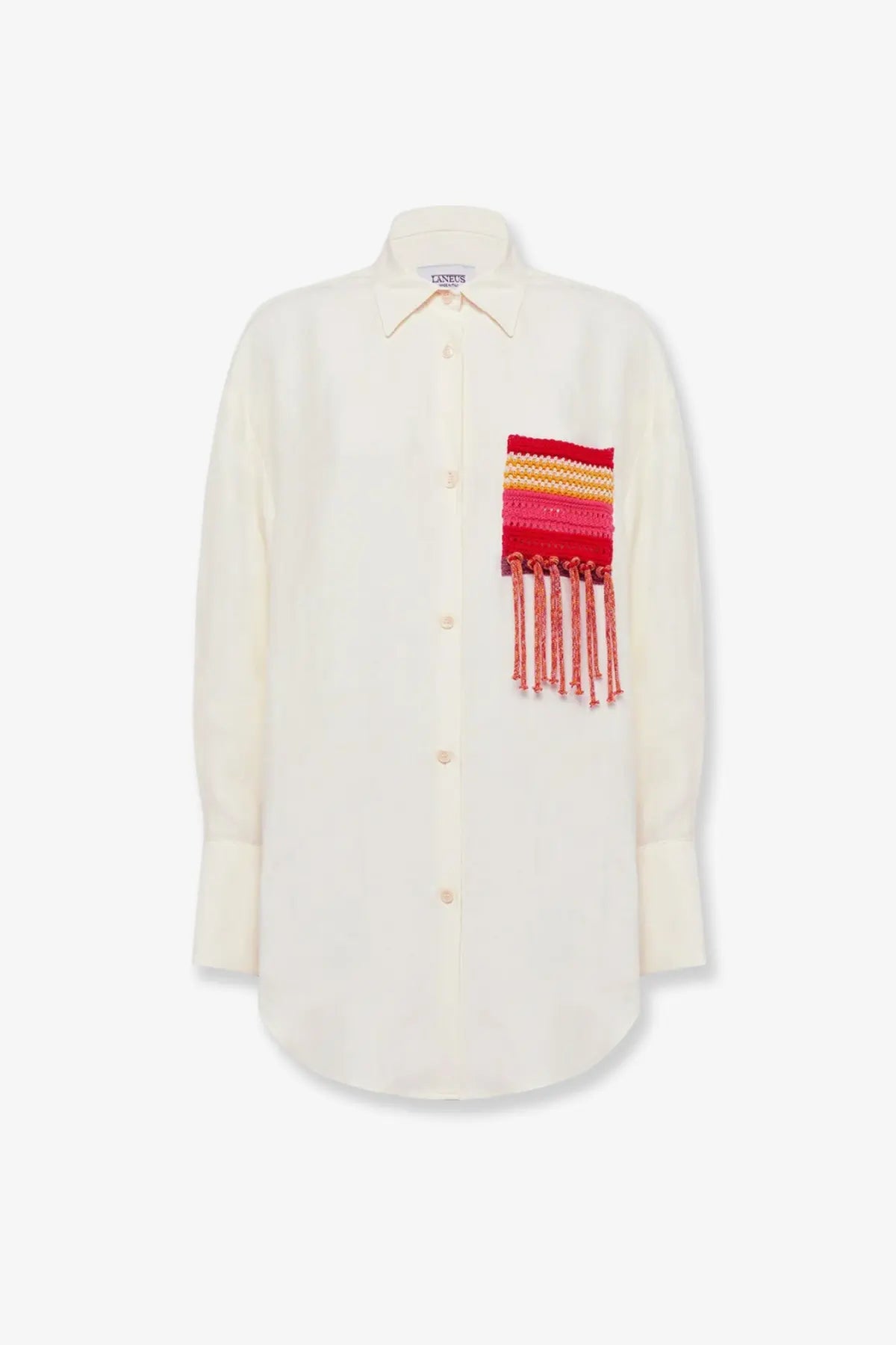 Laneus women’s over viscose and linen cream shirt with vibrant hand-knitted red and orange striped patch and tassels