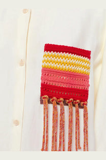 Laneus women’s white viscose and linen shirt with a vibrant hand-crocheted red yellow and pink striped patch pocket