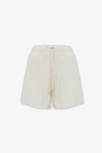 Laneus women’s cream-colored lightweight silk blend bermuda shorts with drawstring waistband in viscose and linen blend
