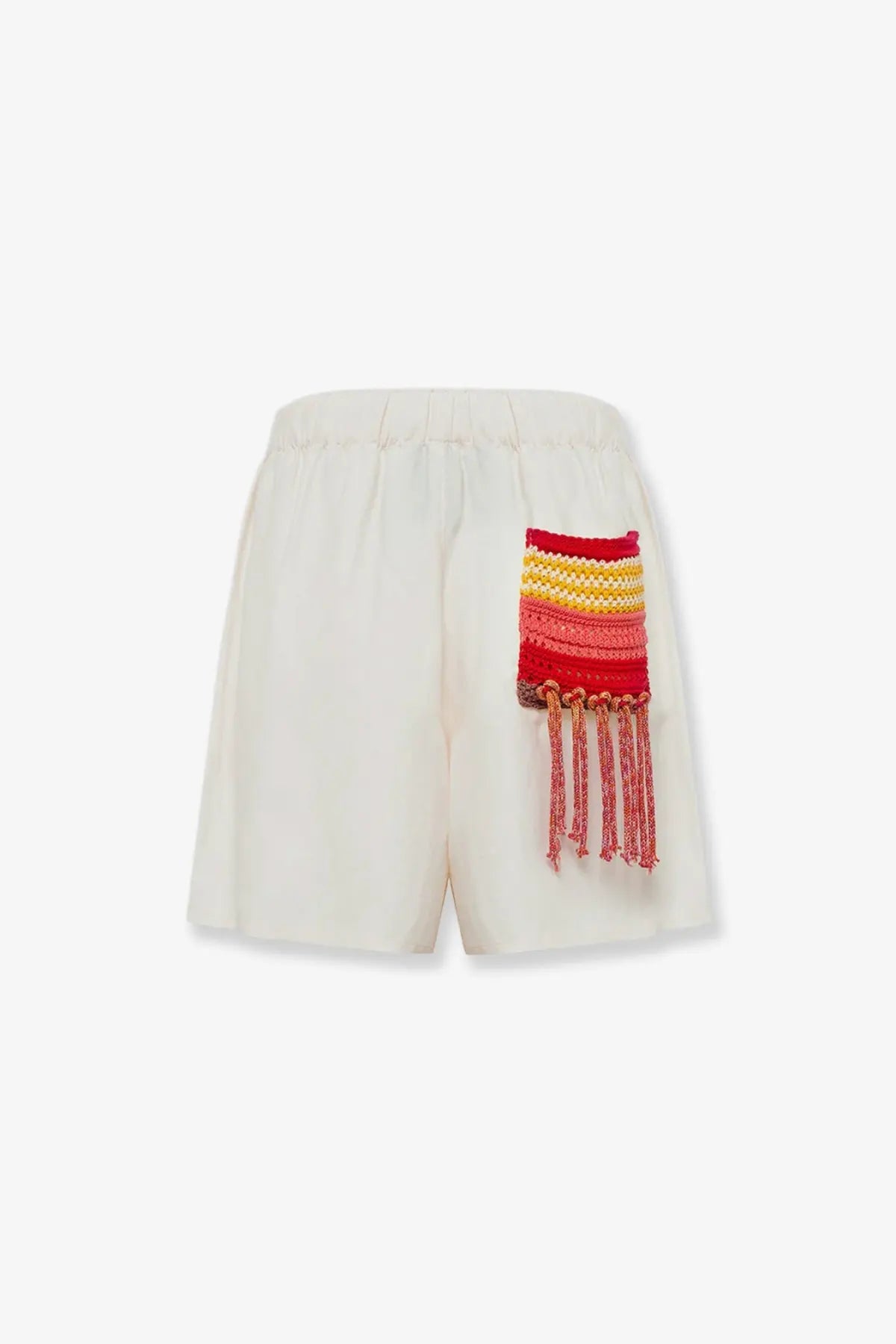 Laneus women’s cream viscose and linen blend Cancun Bermuda shorts with vibrant red and yellow hand-knitted patch tassels