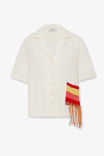 Laneus women’s cream viscose and linen blend short-sleeved shirt with button front and colorful knitted patch fringe