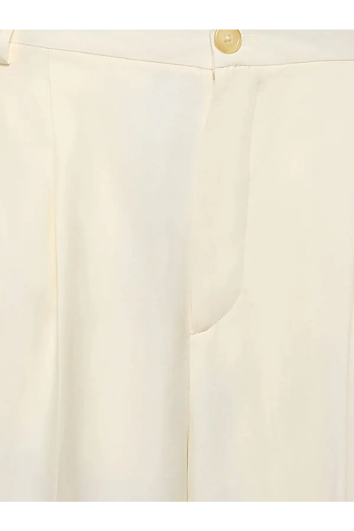 Laneus women’s cream-colored viscose and linen trousers with smooth texture and gold-toned button at waistband