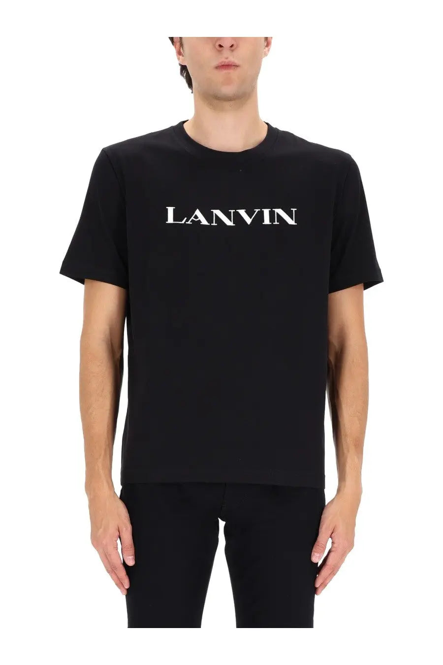 Black lanvin men’s t-shirt featuring a white logo across the chest made from soft cotton material