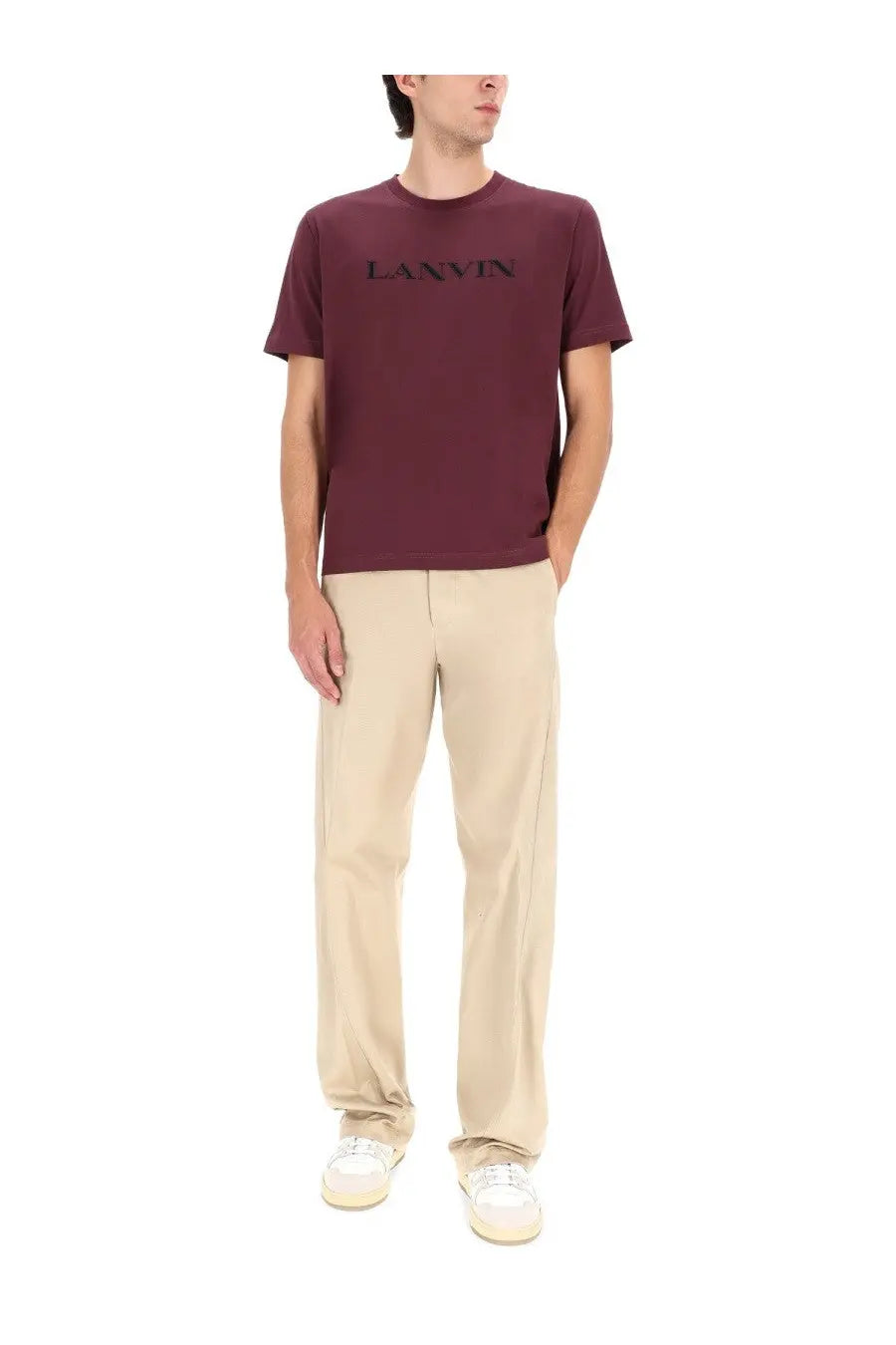 Maroon lanvin men’s shirt with black printed branding across the chest in comfortable cotton fabric
