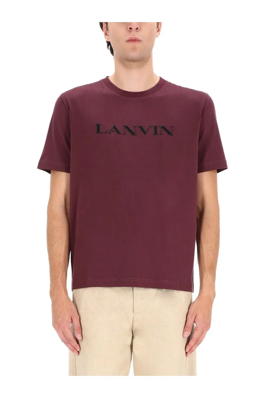 Maroon Lanvin men’s shirt red with a subtle black embroidered brand name across the chest