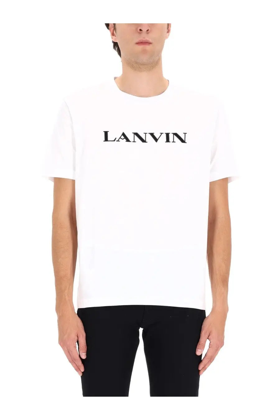 White lanvin men’s t-shirt with black logo across the chest in cotton for casual wear