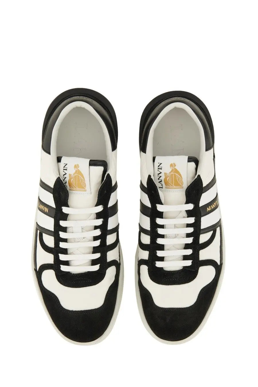 Lanvin men’s sneaker clay white in black and white with bold stripes suede accents and gold branding details