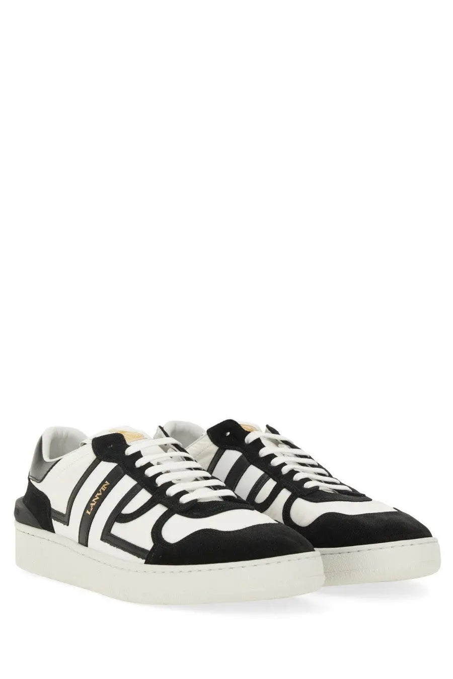 Lanvin men’s sneaker clay white in black and white featuring a bold geometric design and premium leather materials