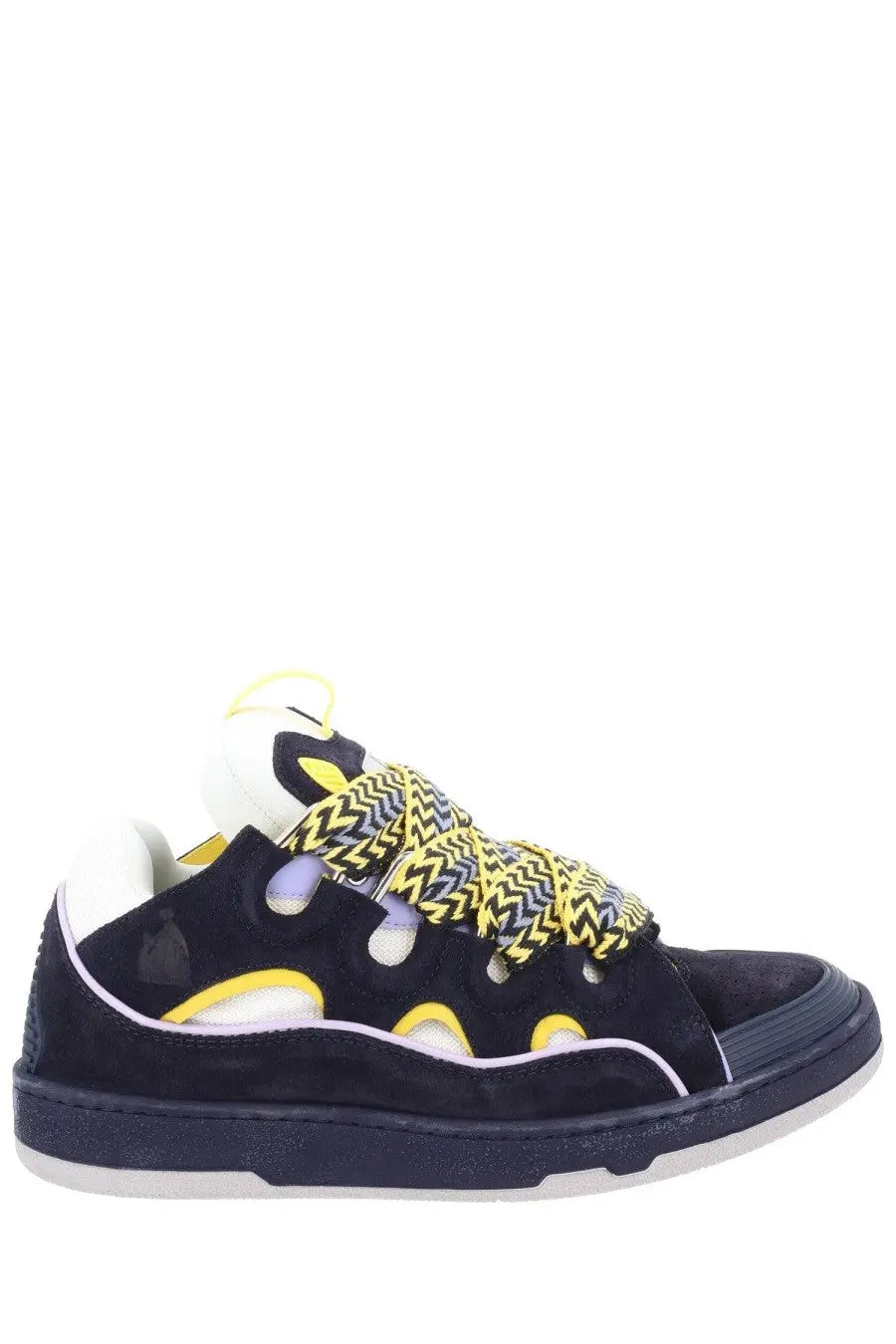 Lanvin men’s sneaker curb blue black suede with yellow and gray zigzag laces white sole and playful cut-out details
