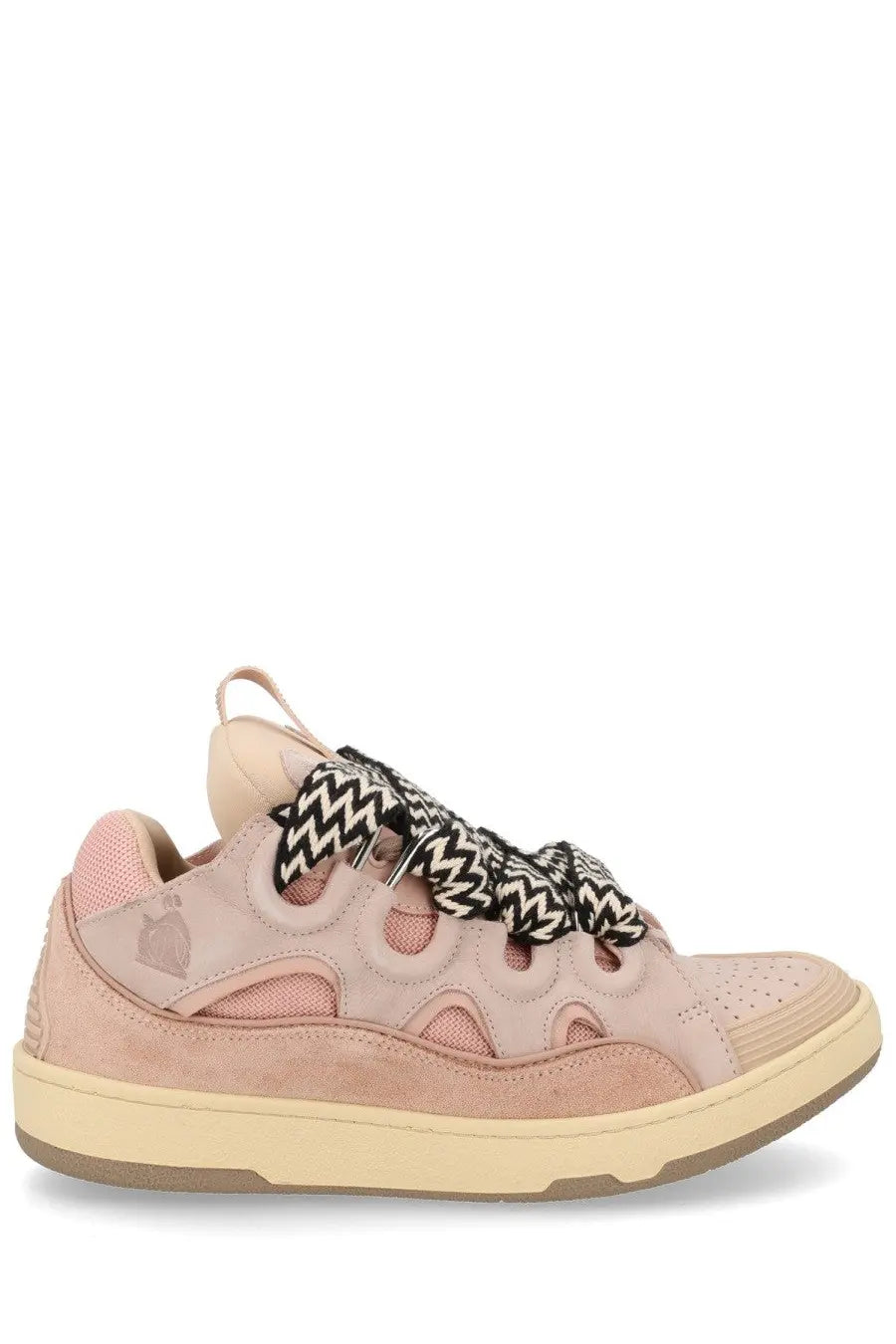 Lanvin men’s sneaker curb blue featuring pink suede and mesh with black and white zigzag laces