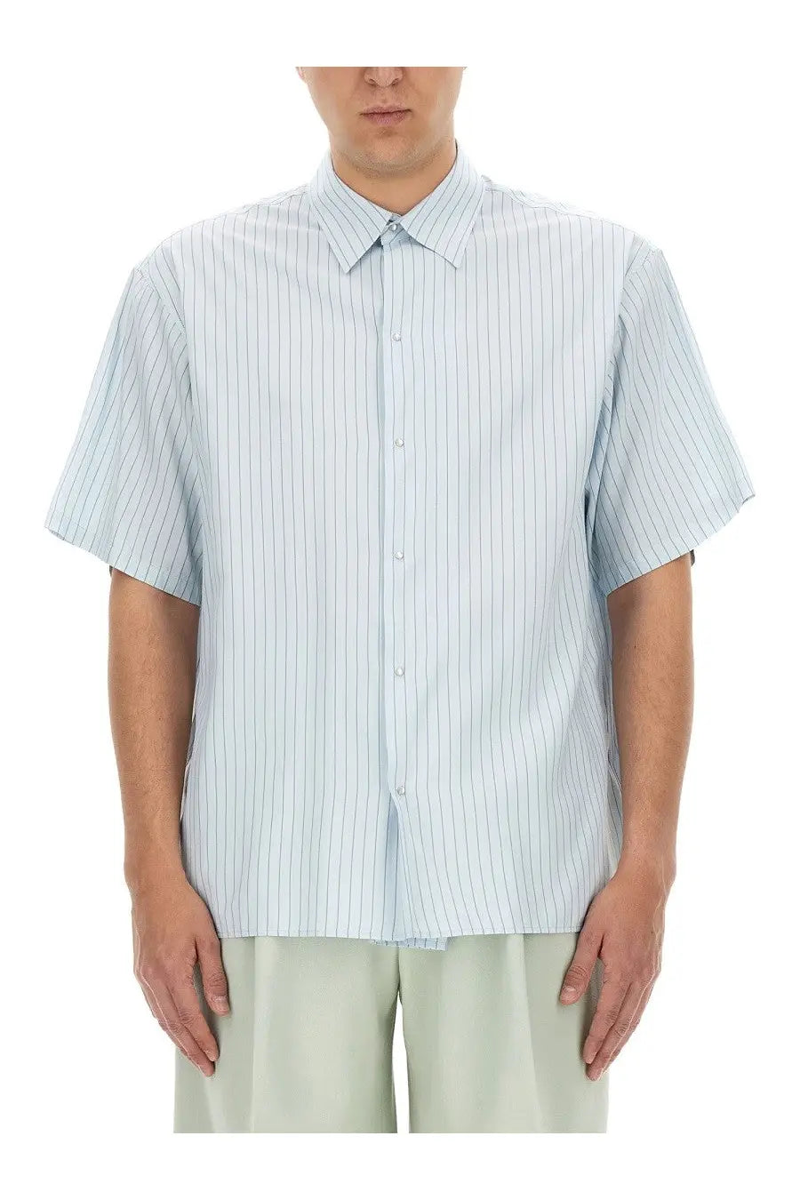 Lanvin men’s light blue and white vertically striped short-sleeved button-up cotton shirt
