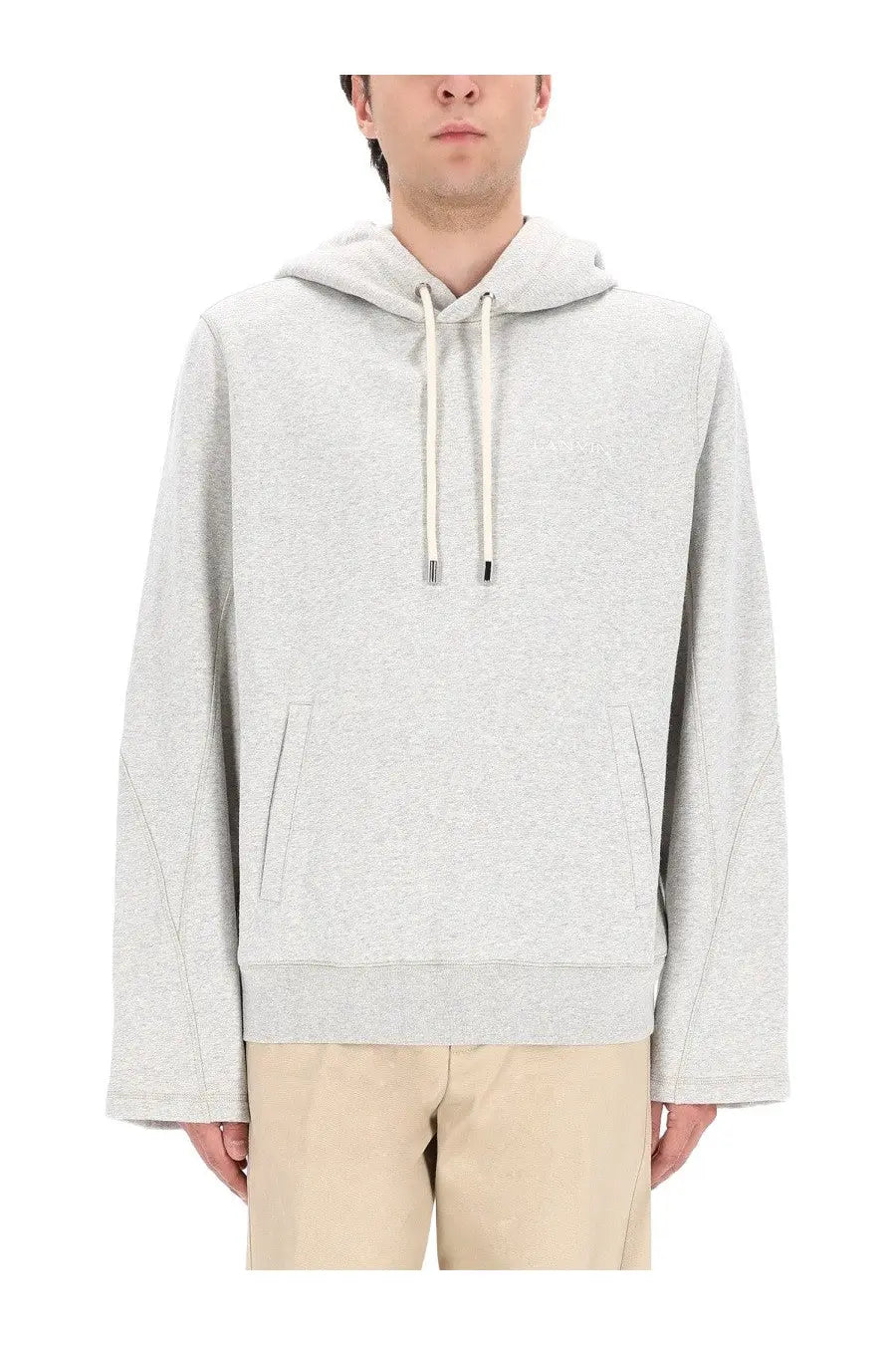 Lanvin men’s sweatshirt grey light gray heathered cotton hoodie with cream drawstrings and subtle front pockets
