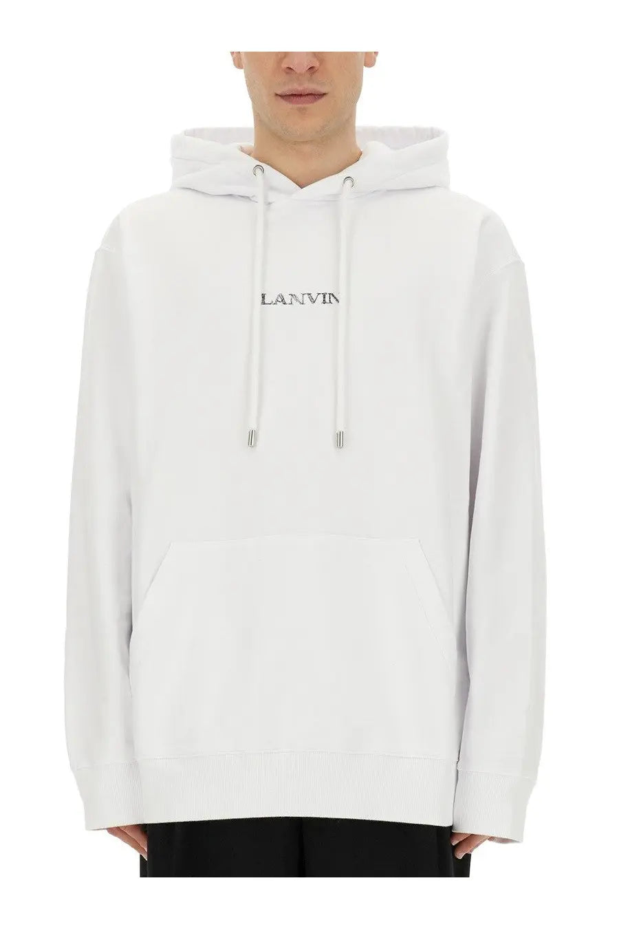 Lanvin men’s white hoodie with subtle black embroidery and silver toned drawstring tips in cotton fabric