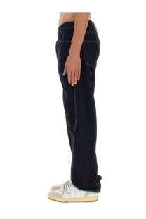 Dark indigo lanvin men’s twisted denim jeans with contrasting light stitching and frayed hem