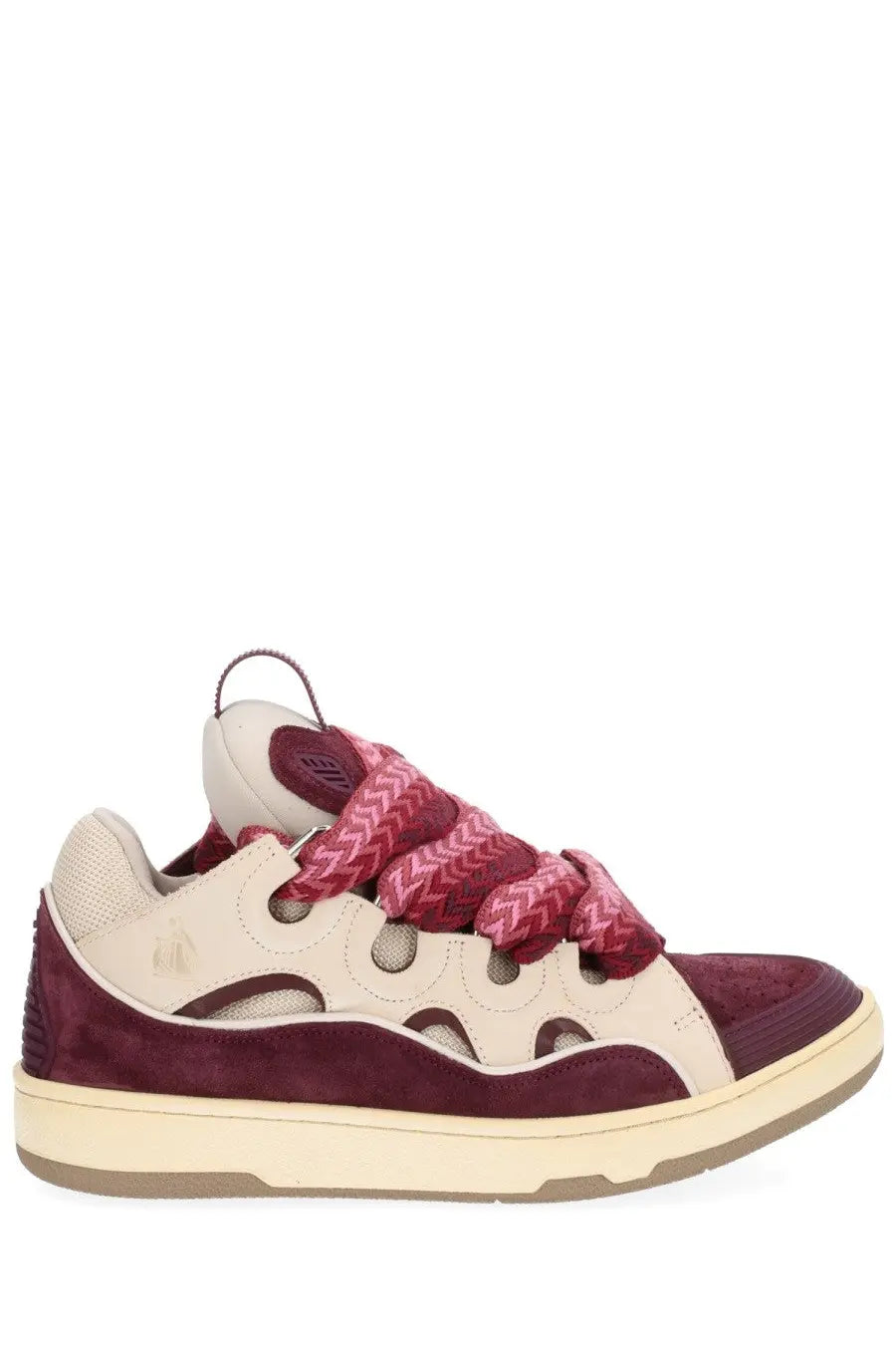 A lanvin unisex leather curb sneaker in maroon cream with suede upper perforated detailing and braided pink laces