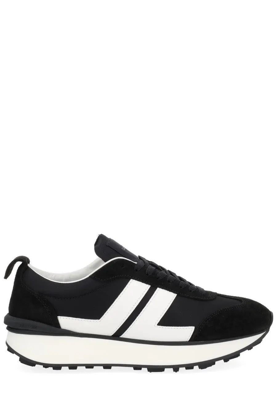 Lanvin unisex sneaker bumpr black with suede upper bold geometric stripes and chunky rubber sole in black and white