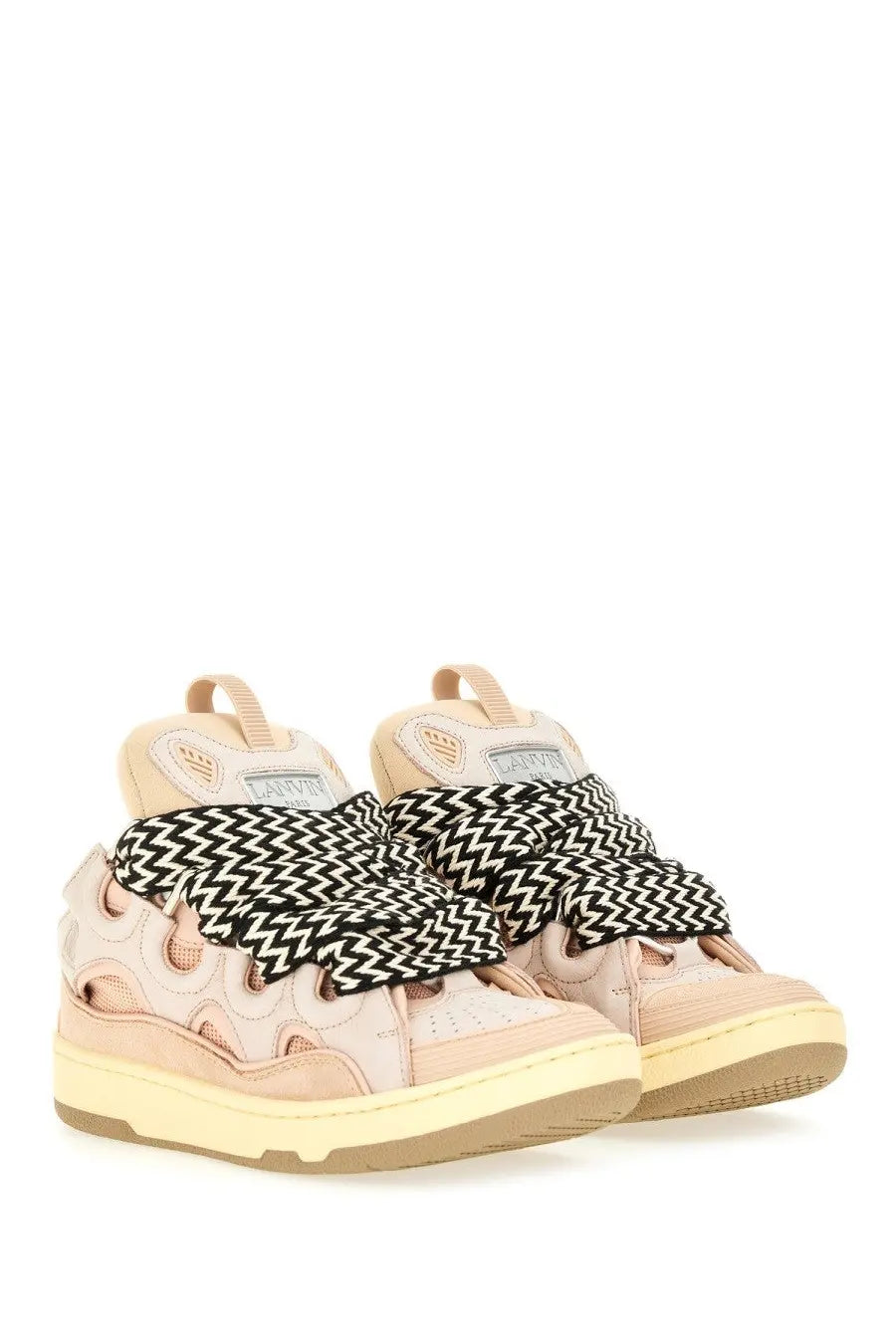 Beige lanvin unisex high-top sneakers with black and white zigzag fabric straps curb blue design
