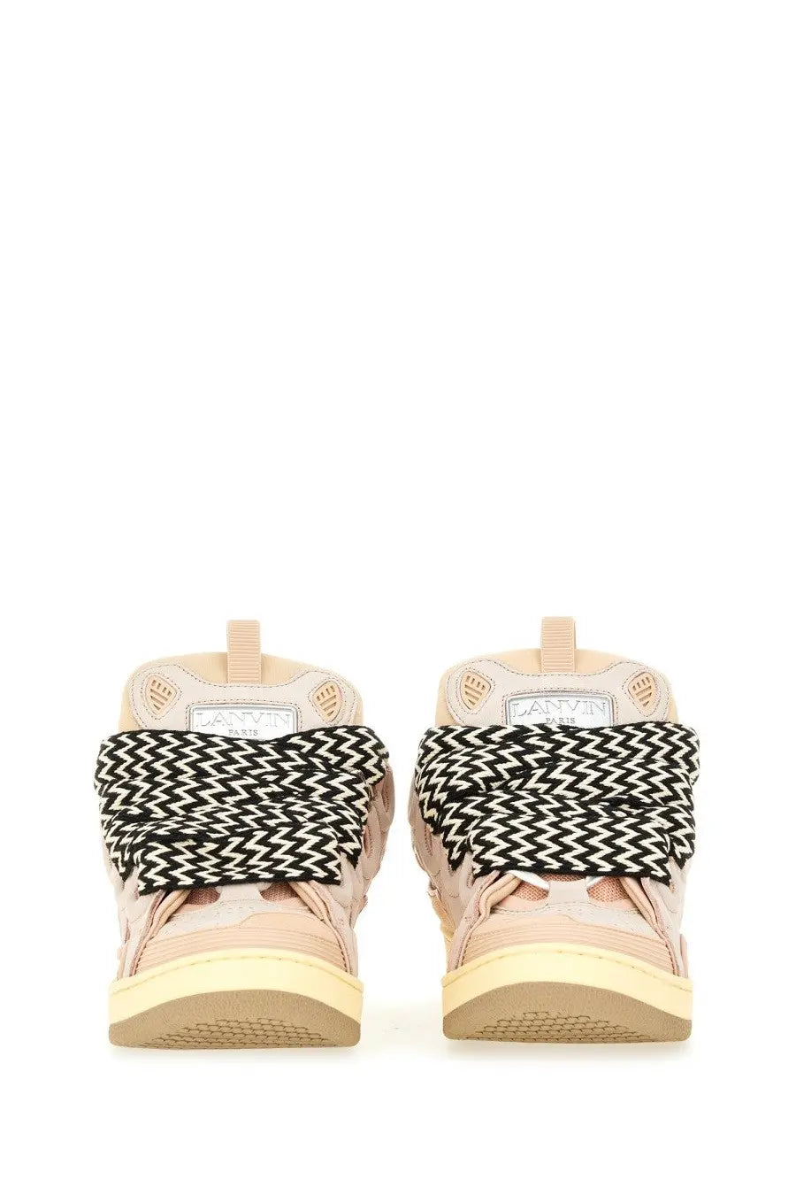 Beige lanvin unisex high-top sneakers with black and white zigzag-patterned straps in curb blue design