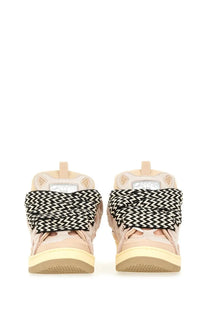 Beige lanvin unisex high-top sneakers with black and white zigzag-patterned straps in curb blue design