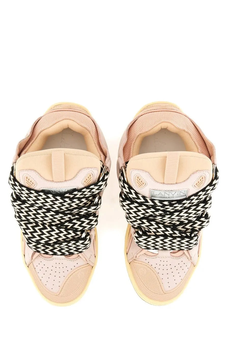 Pair of beige Lanvin unisex sneakers with distinctive black and white zigzag patterned strap design in Curb Blue model