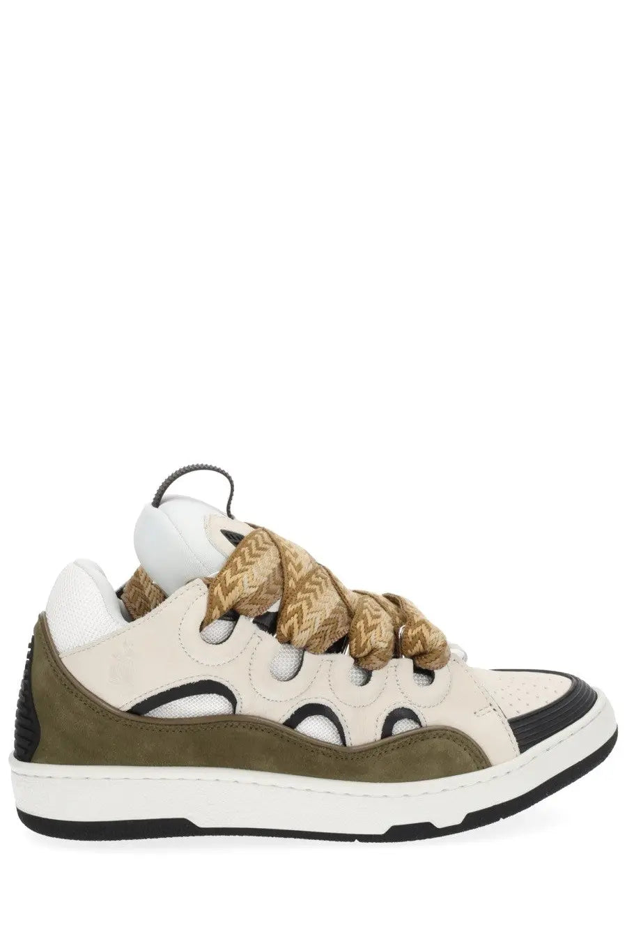Lanvin unisex sneaker curb brown in beige and olive green suede with distinctive woven patterned lacing system