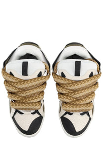 Lanvin unisex sneaker curb brown with white and black leather and tan woven herringbone laces