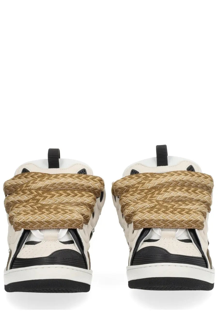 Lanvin unisex sneaker curb brown featuring white and black design with woven tan rope detail across the top