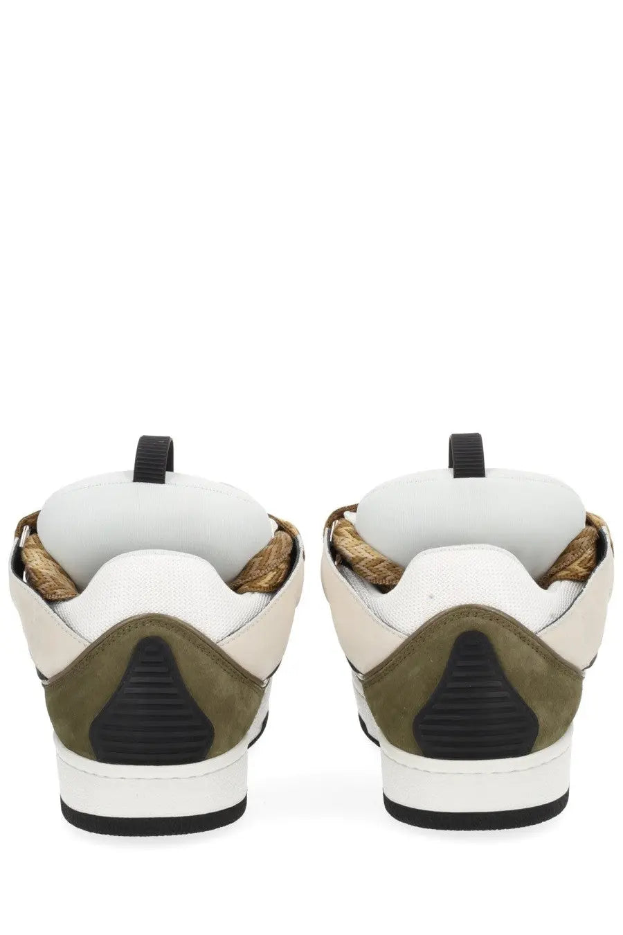 White and olive green lanvin unisex sneaker curb brown with black soles textured suede heel and braided leather accents