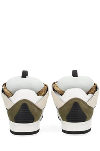 White and olive green lanvin unisex sneaker curb brown with black soles textured suede heel and braided leather accents